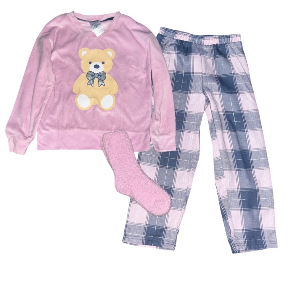 Girls' Pink Teddy Bear Pajama Set with Fuzzy Socks